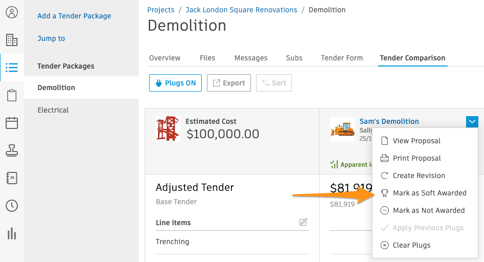 How to soft award a tender in the Tender Comparison tab ...