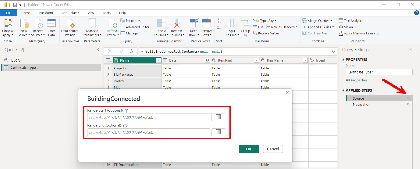 Screenshot showing Optional range start and range end query parameters.